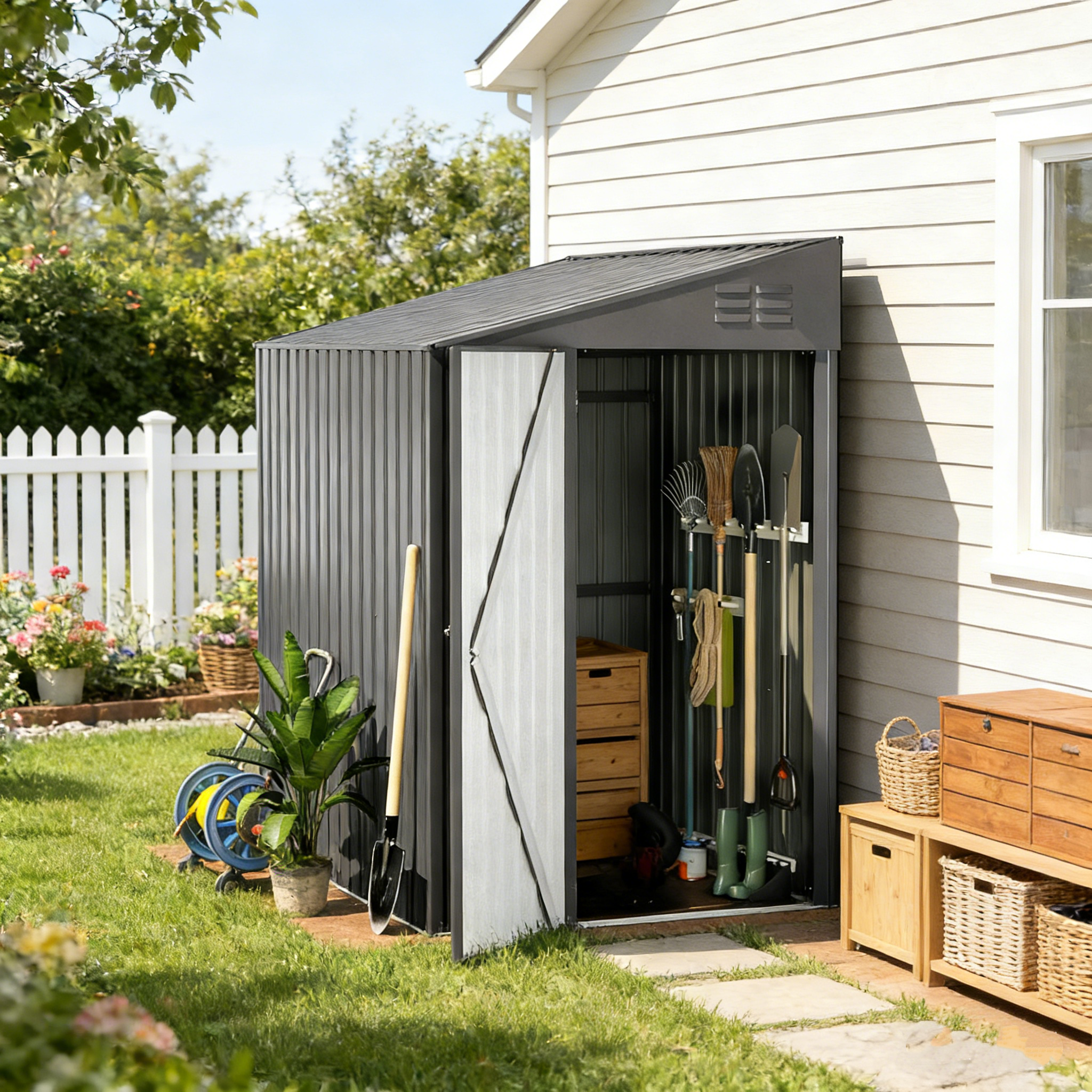 YODOLLA 4' x 7' Outdoor Lean to Storage Shed, Dark Grey