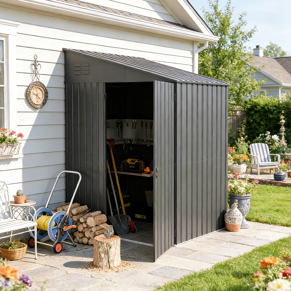 YODOLLA Outdoor 6' x 8' Metal Wall Side Lean to Storage Shed, Dark Gray