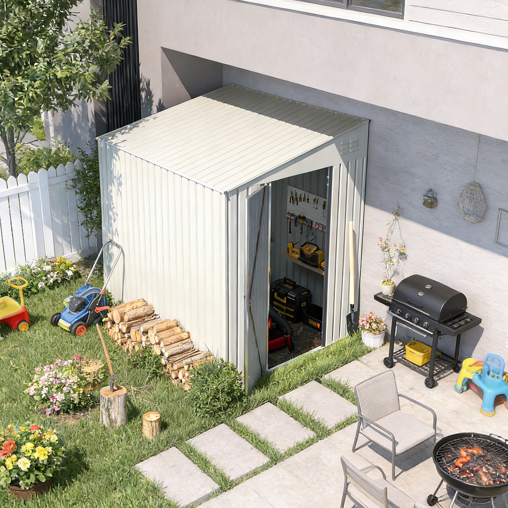 YODOLLA Outdoor 6' x 8' Metal Wall Side Lean to Storage Shed, White