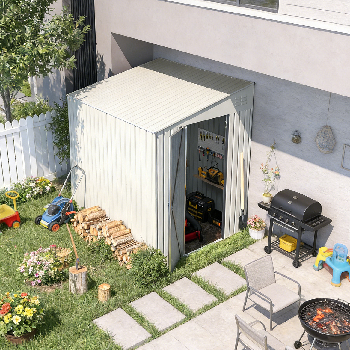 YODOLLA Outdoor 6' x 8' Metal Wall Side Lean to Storage Shed, White