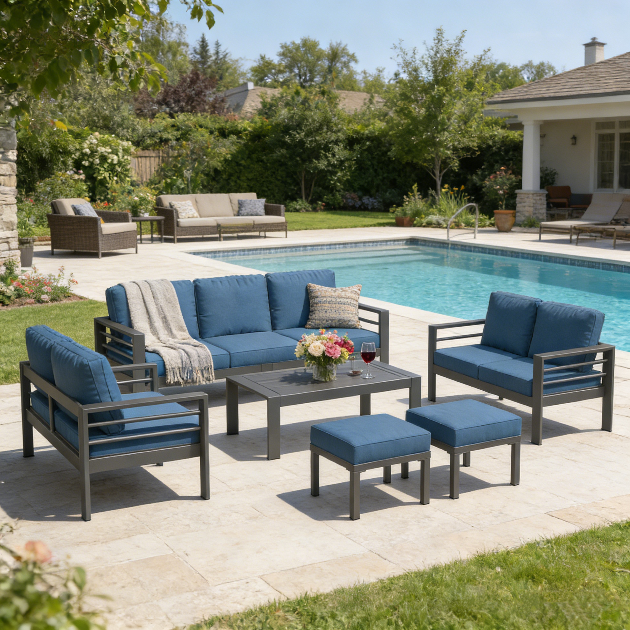 YODOLLA 7 Pieces Aluminum Patio Furniture Set, Blue