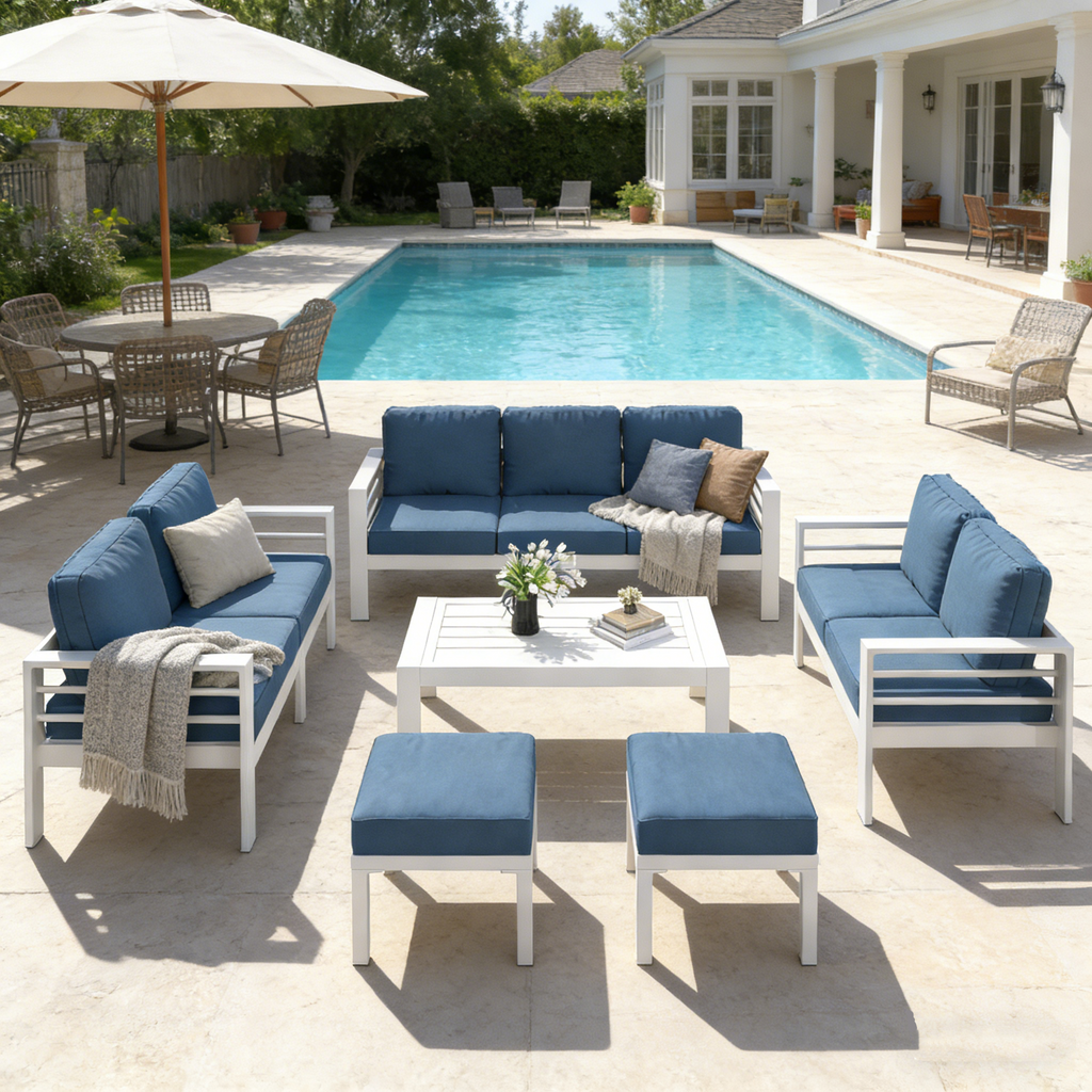 YODOLLA 7-Piece Patio Set, Aluminum, Blue Cushions