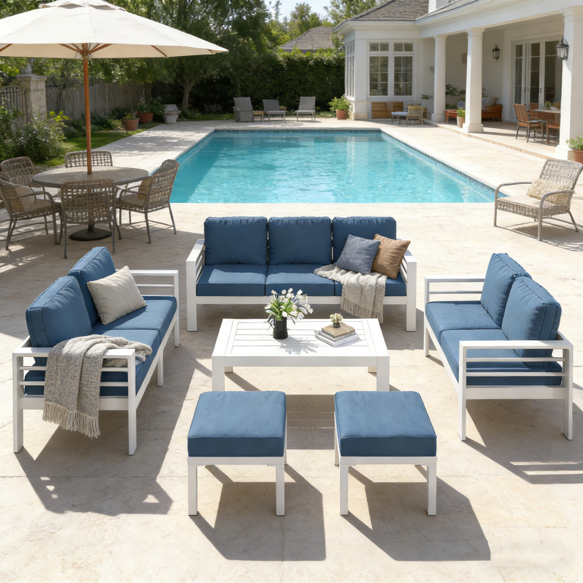 YODOLLA 7-Piece Patio Set, Aluminum, Blue Cushions