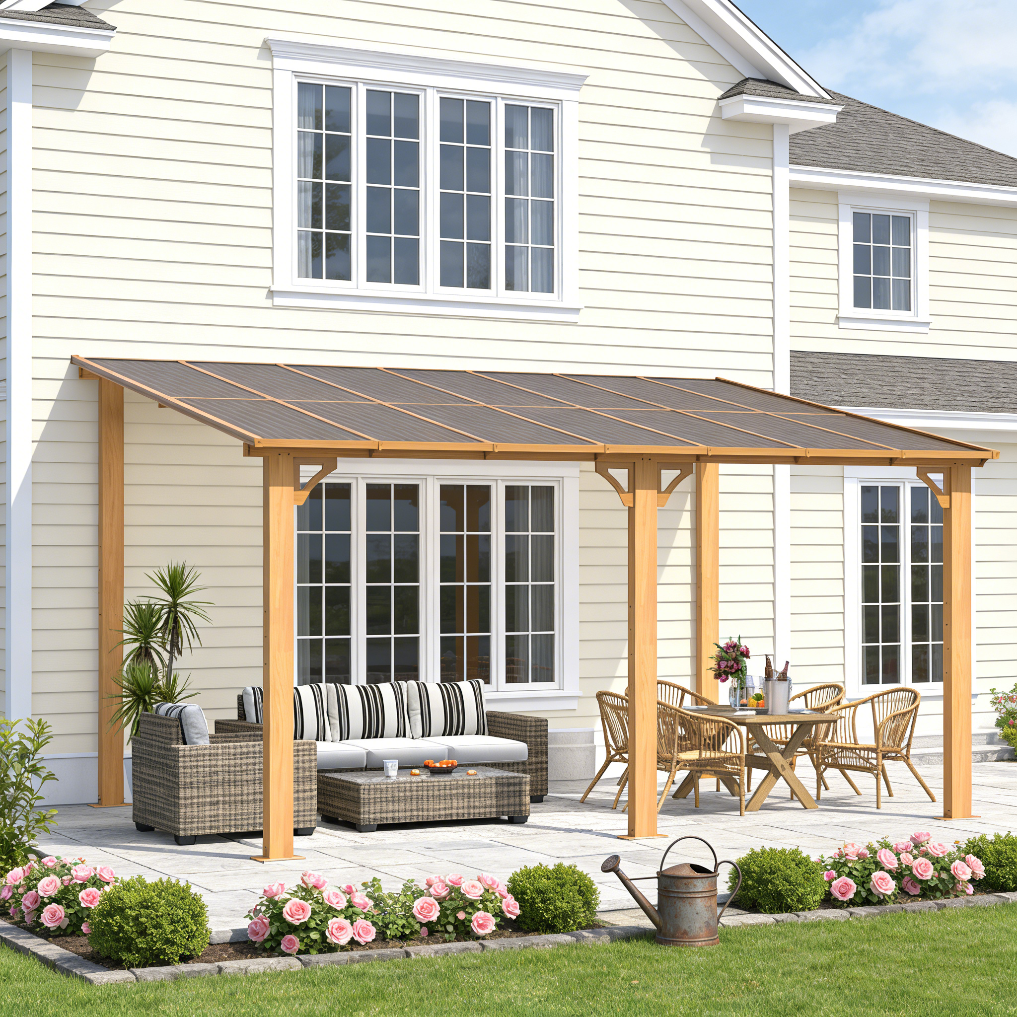 YODOLLA 14' x 10' Wood Grain Hard Top Lean to Gazebo Pergola