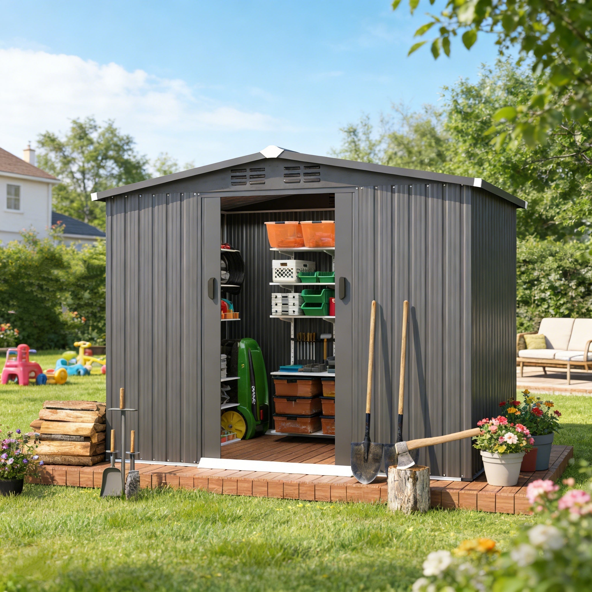 YODOLLA 8x6 Woodgrain Outdoor Storage Shed, Dark Grey