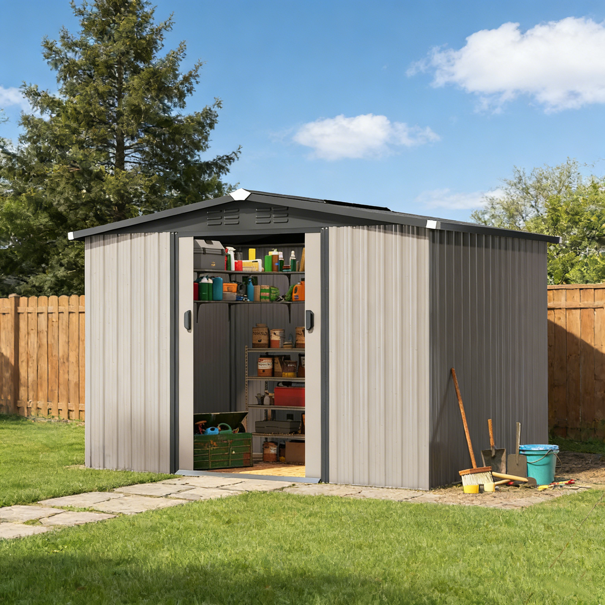 YODOLLA 8 x 6 Ft Outdoor Storage Tool Shed with Sliding Door, Grey