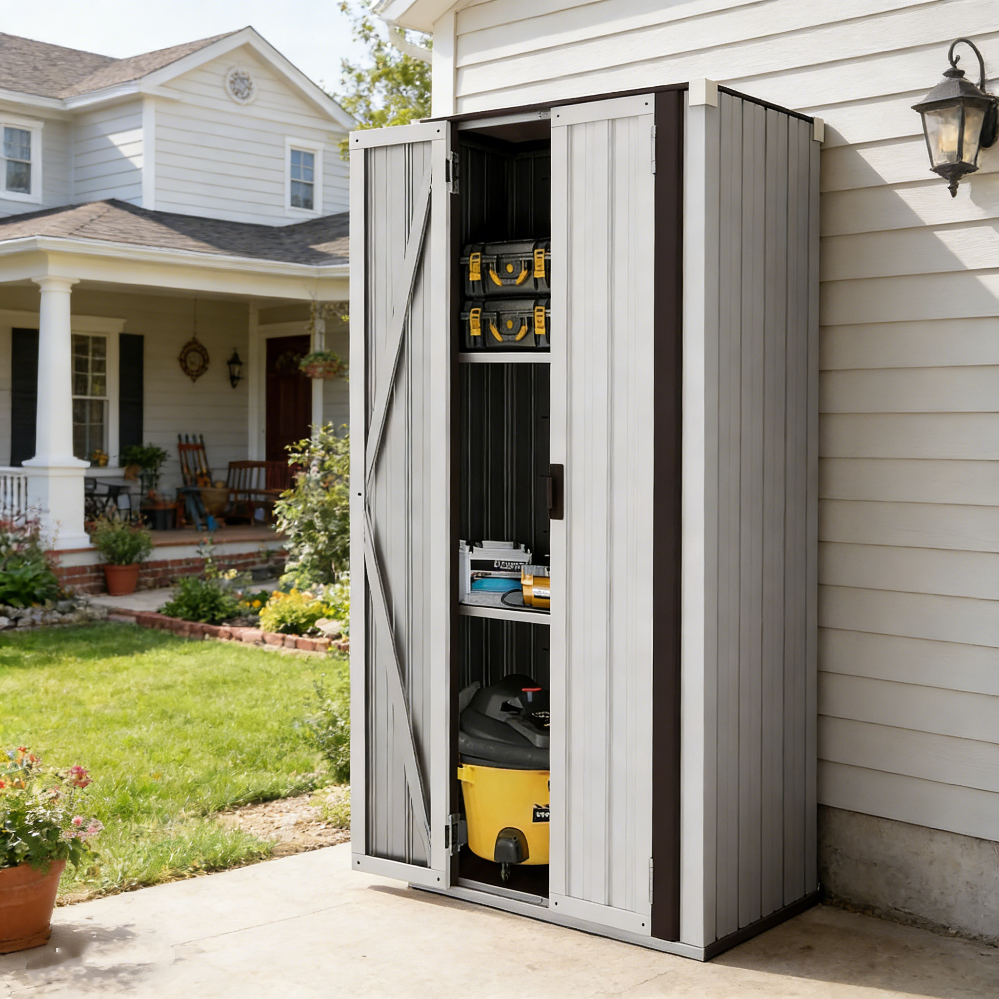 YODOLLA Outdoor Storage Cabinet Waterproof with Shelves Storage Shed, White