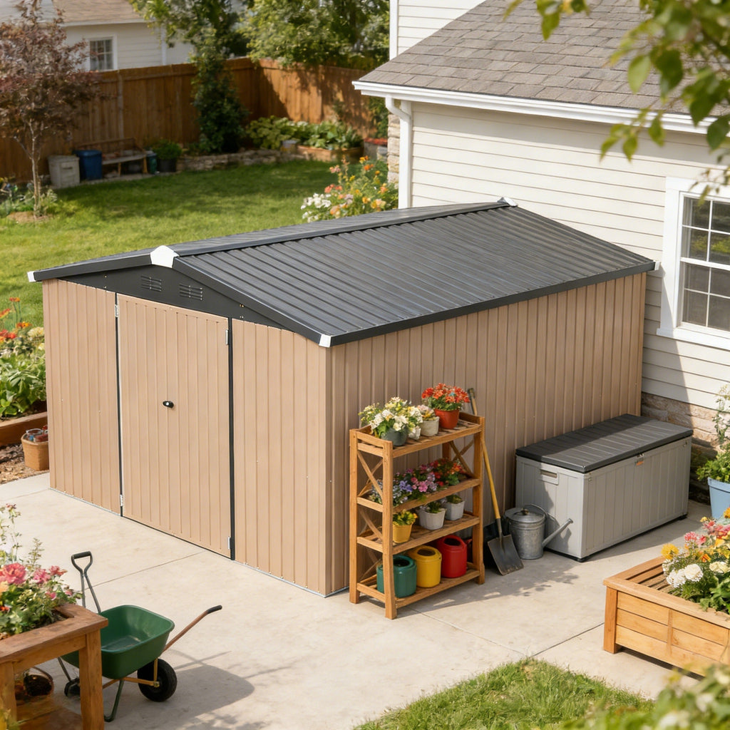 YODOLLA 10x14 Metal Outdoor Storage Garden Shed, Gray
