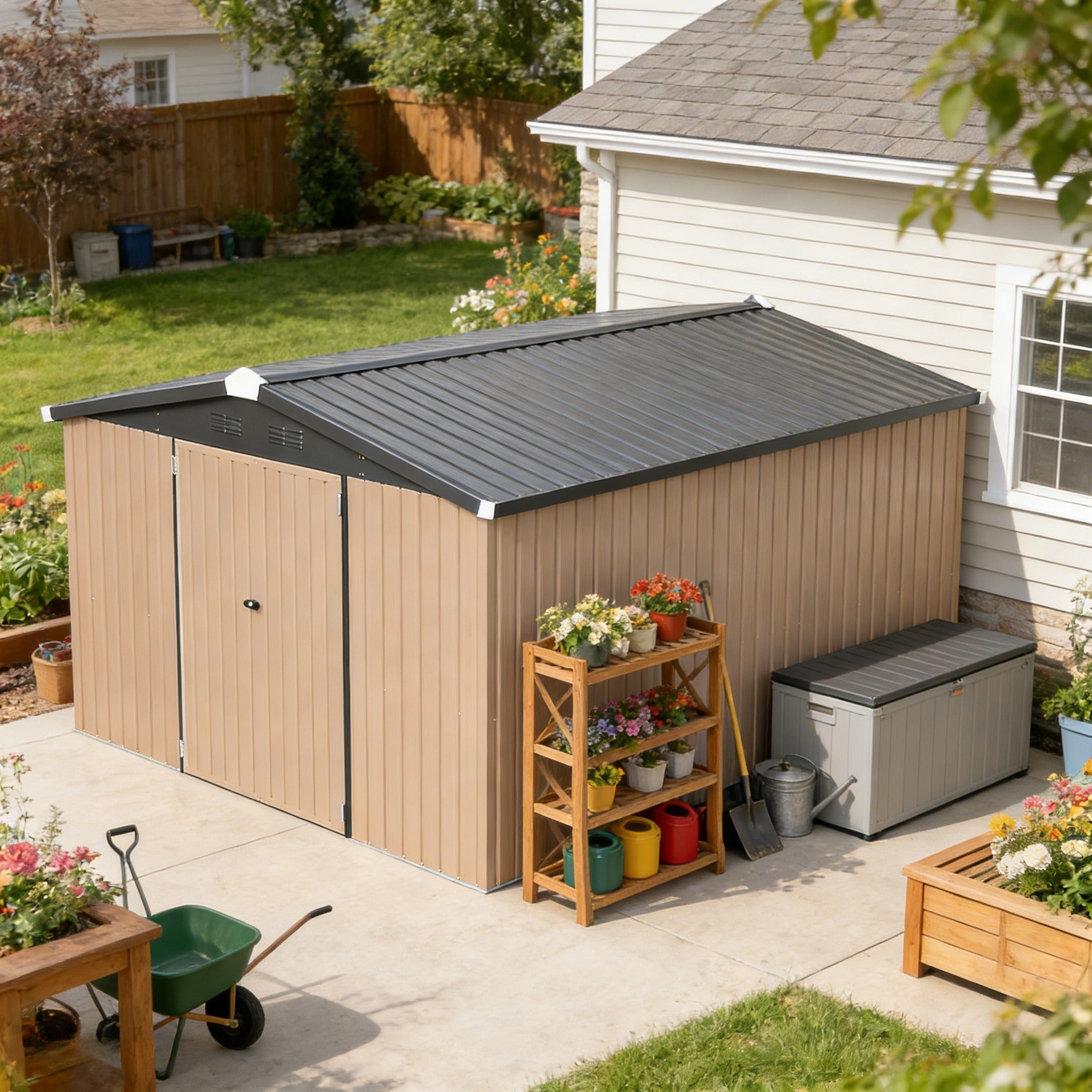 YODOLLA 10x14 Metal Outdoor Storage Garden Shed, Gray