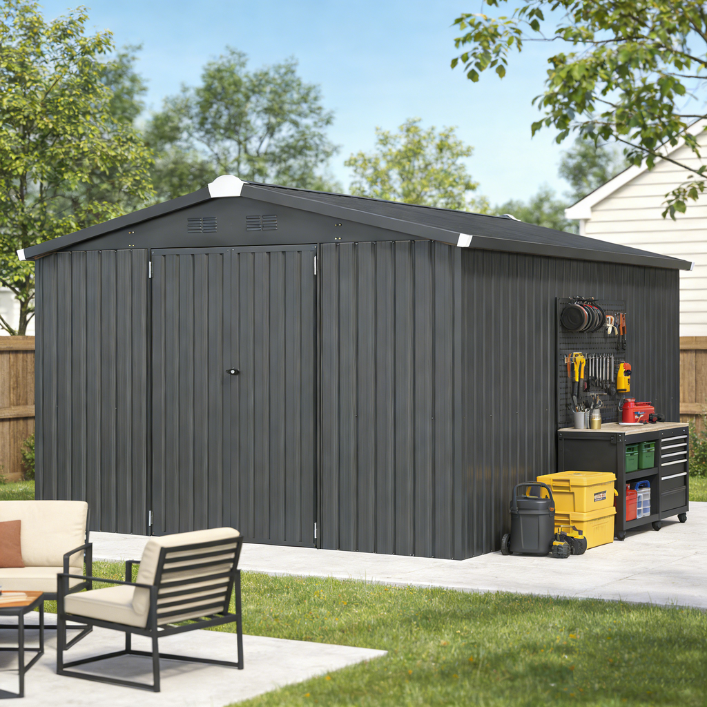 YODOLLA 10x14 Metal Outdoor Storage Garden Shed, Dark Gray