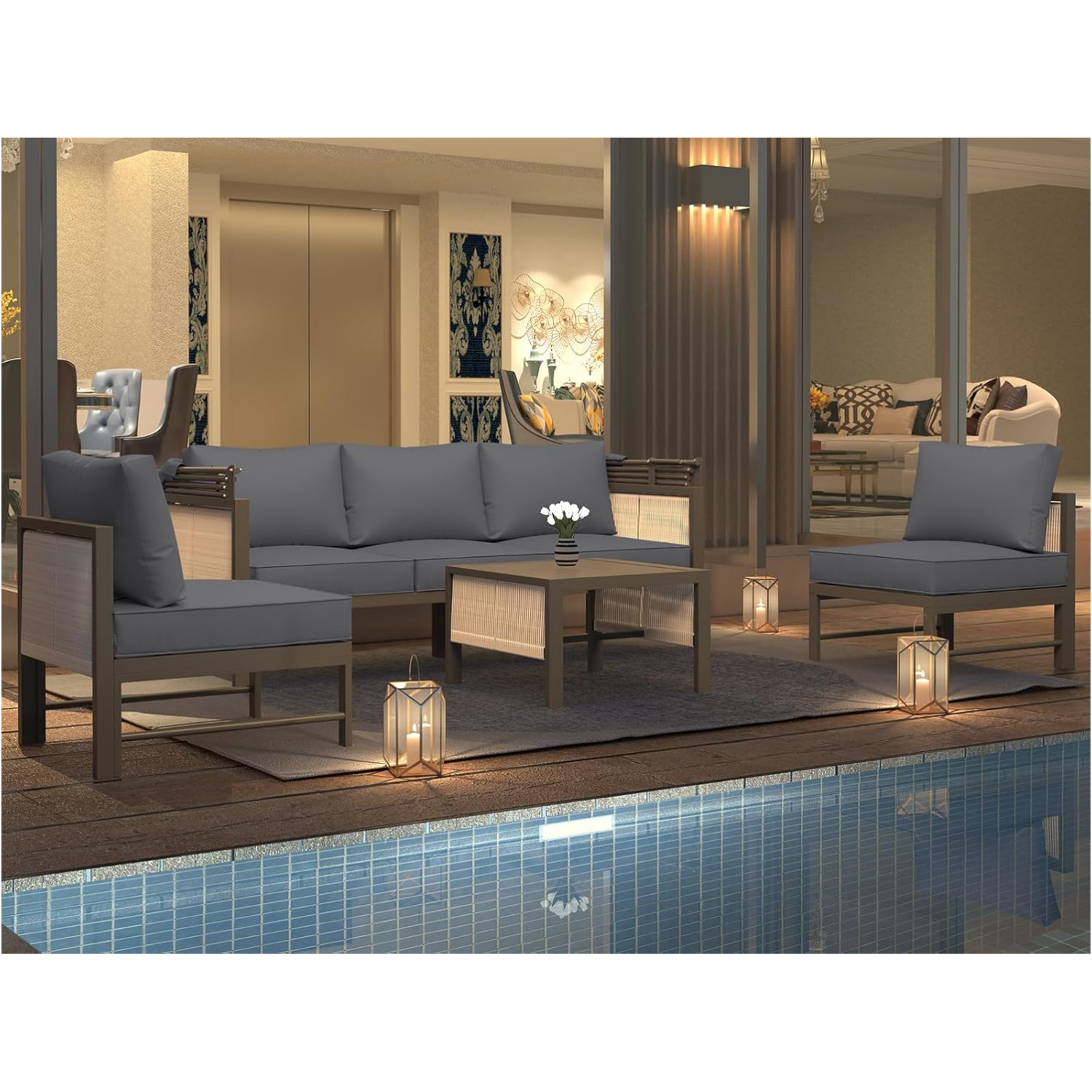 YODOLLA 4 Pieces Aluminum Patio Furniture Set, Retractable Canopy, Light Grey