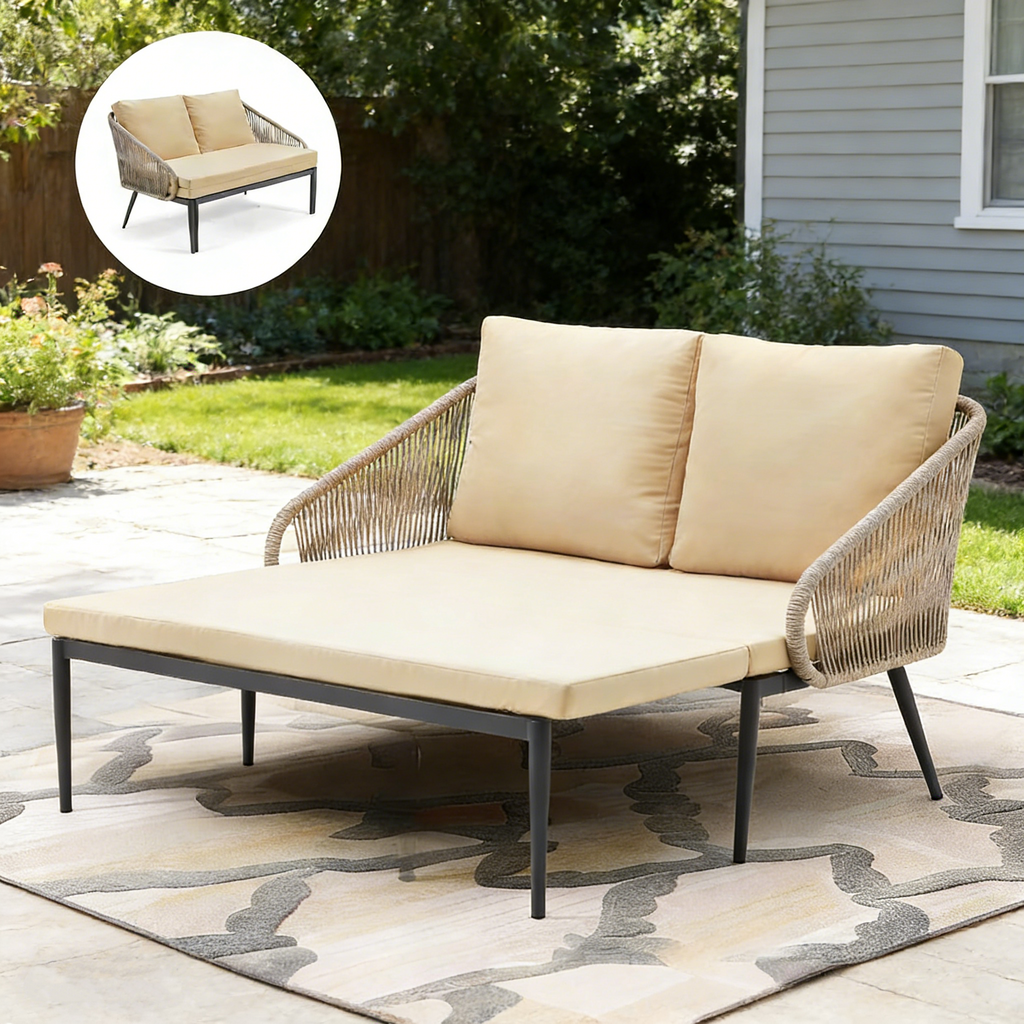 YODOLLA Outdoor Double Chaise Lounge Chair Convertible Patio Loveseat Sofa Couch