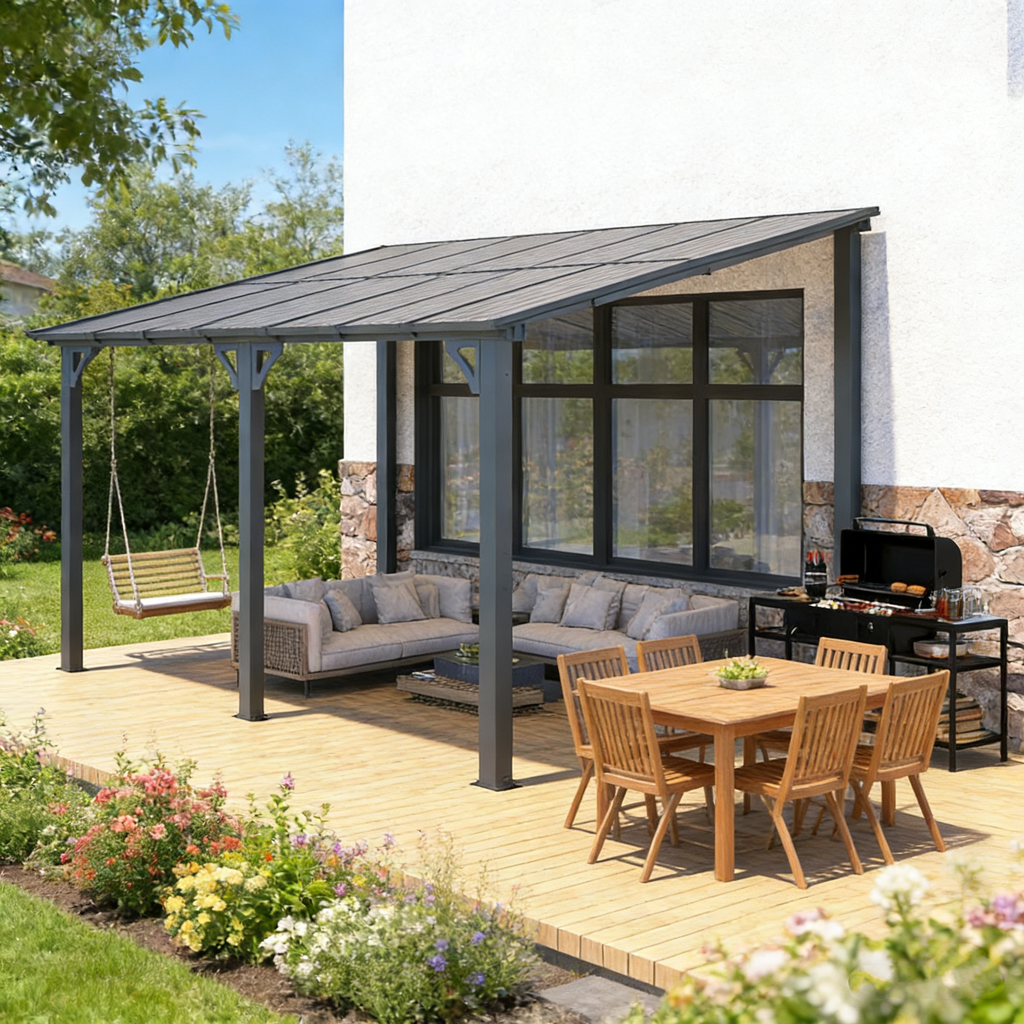 YODOLLA 14' x 8' Hard Top Lean to Gazebo Outdoor Pergola, Dark Gray