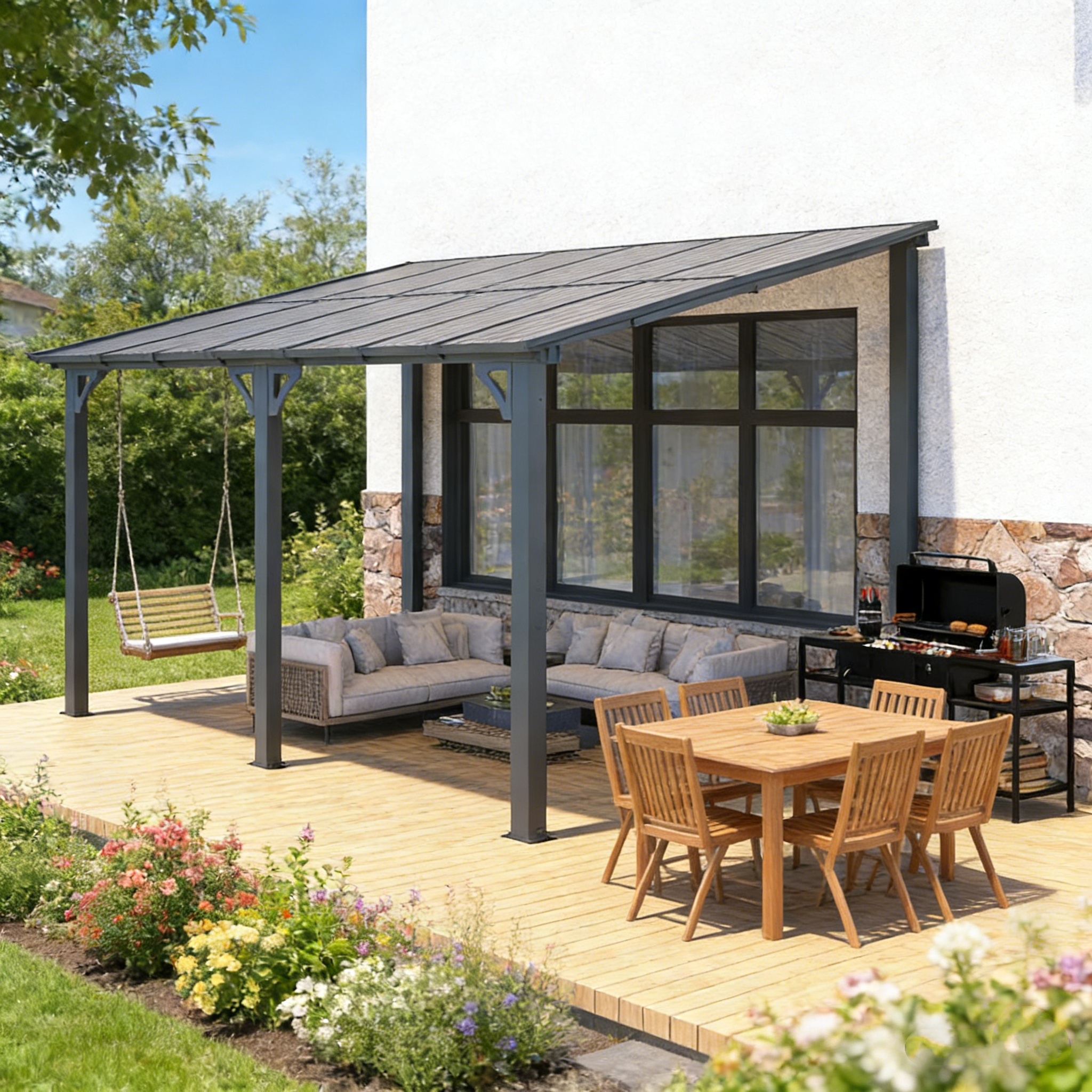 YODOLLA 14' x 8' Hard Top Lean to Gazebo Outdoor Pergola, Dark Gray