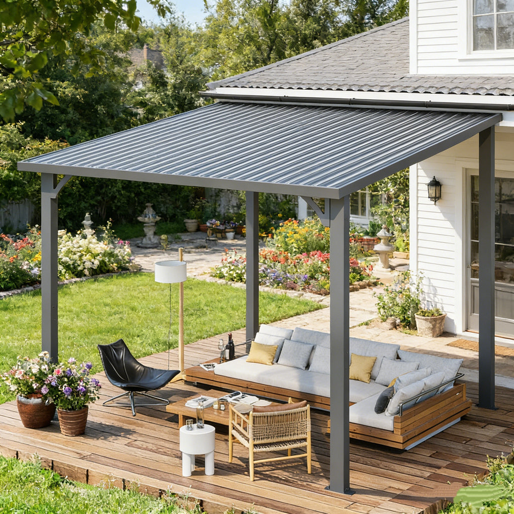 YODOLLA 10'x8' Pergola Hardtop Outdoor Gazebo for Patio, Small Heavy Duty Lean to Metal Pergolas, Galvanized Steel Gazebos Clearance