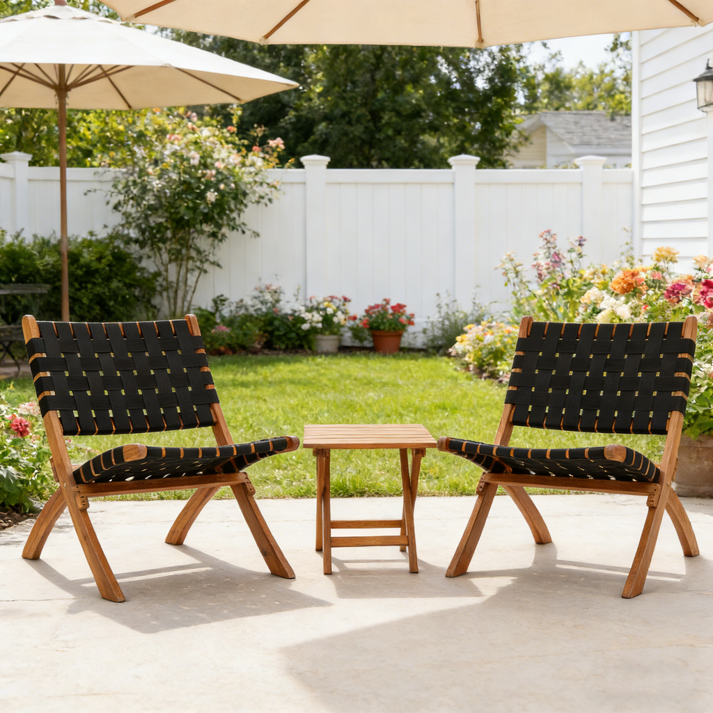 YODOLLA 3 Piece Patio Furniture Set, Acacia Wood Bistro Set with Coffee Table & Folding Chairs