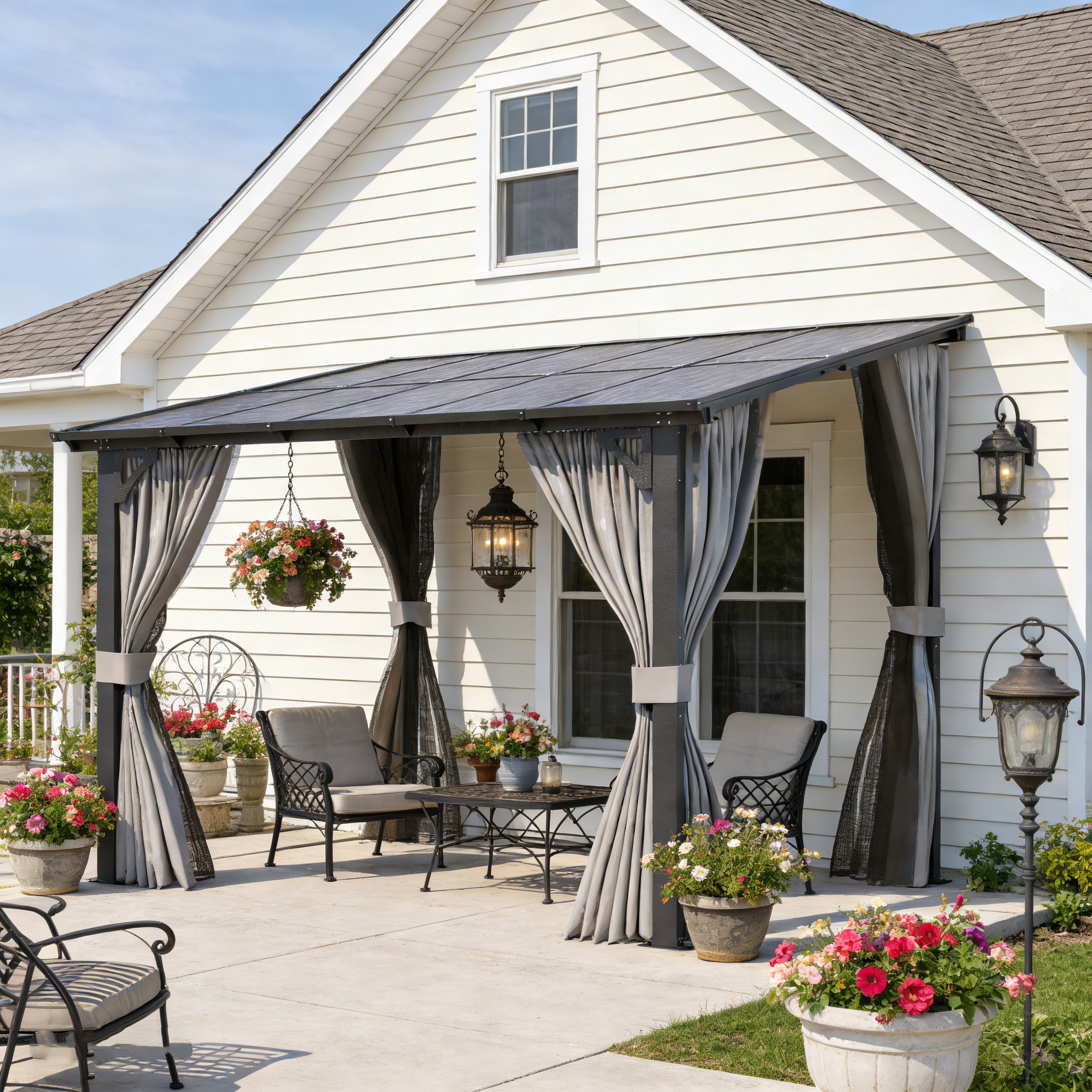 YODOLLA 8' X 8' Wall-Mounted Lean to Pergola Gazebo with Curtains and Netting