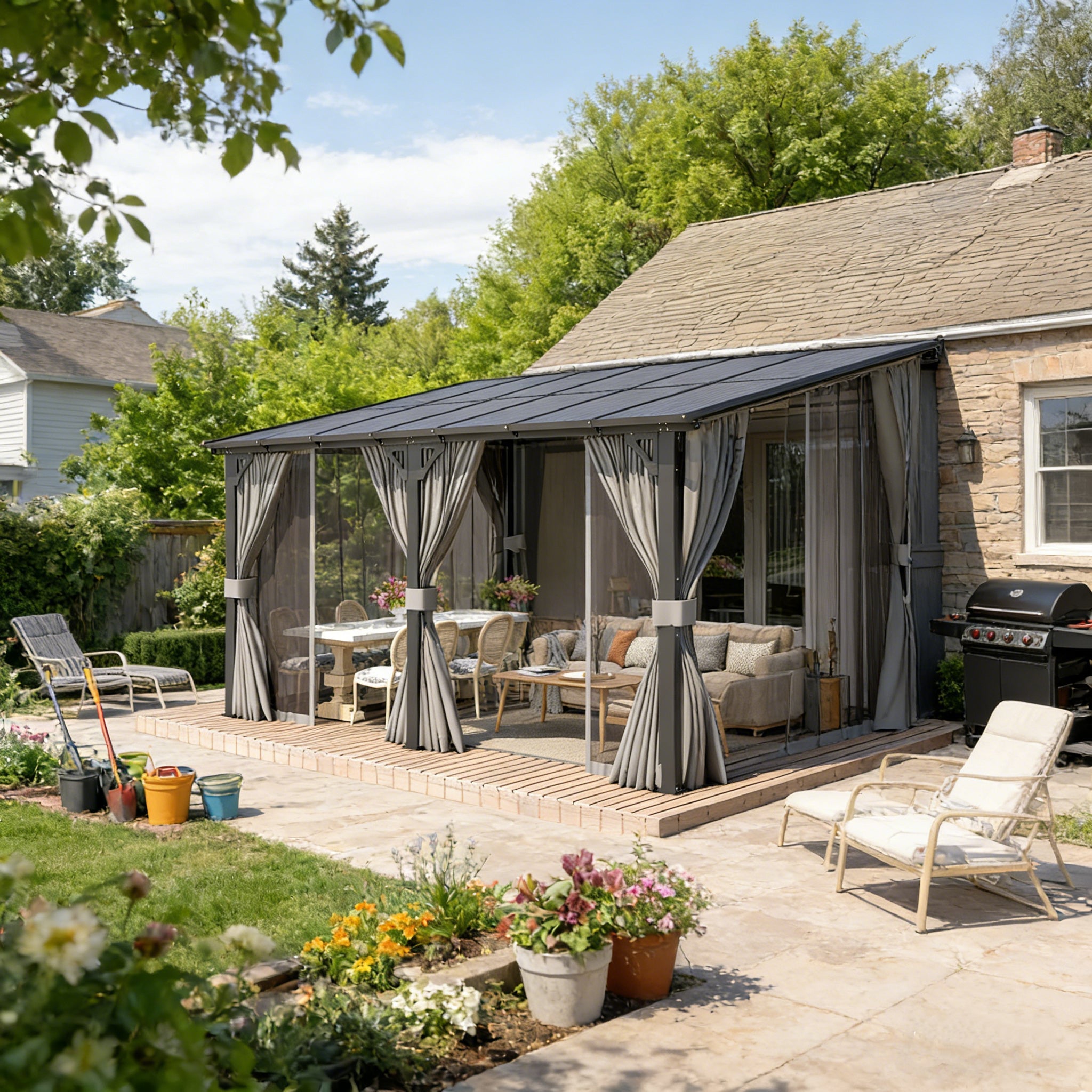 YODOLLA 14’ x 10’ Wall-Mounted Lean to Pergola Gazebo with Curtains and Netting