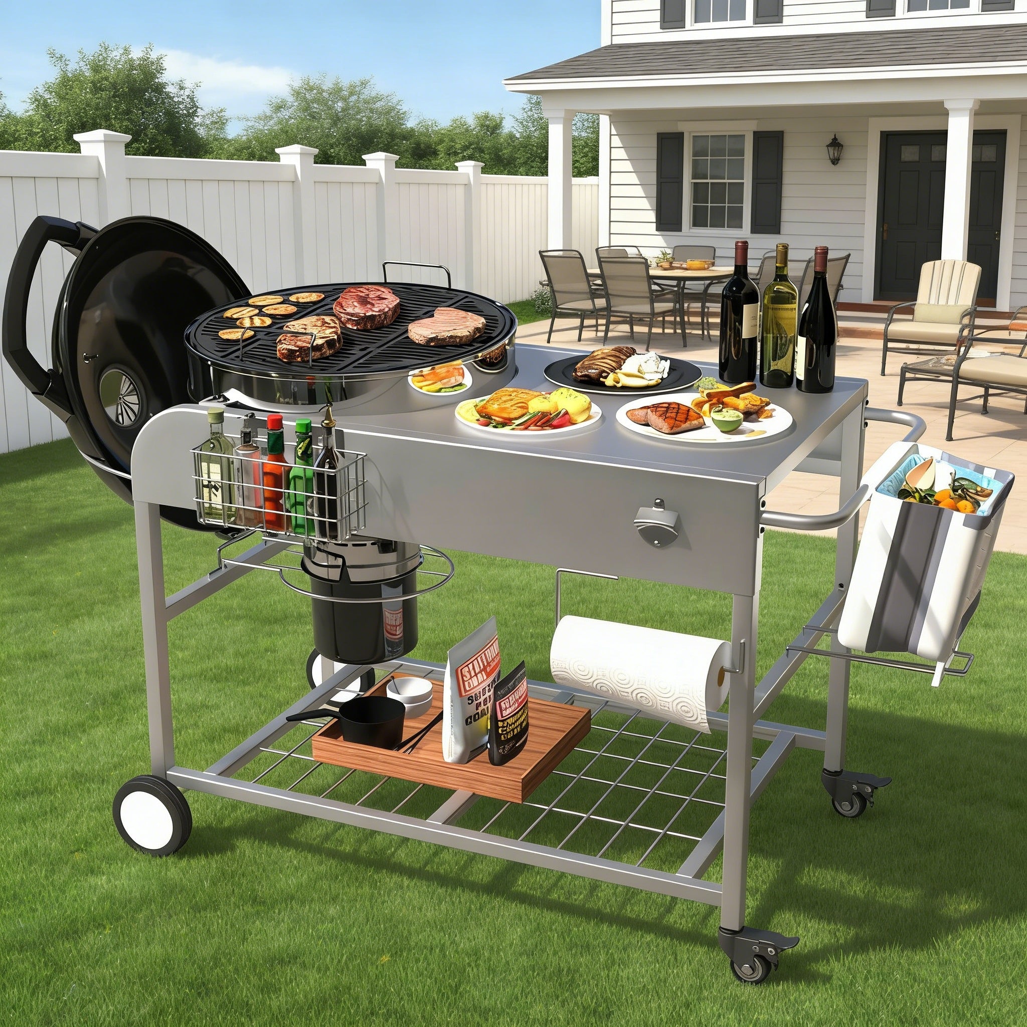 YODOLLA Outdoor Grill Cart with Wheels Kettle Grill Car, Silver
