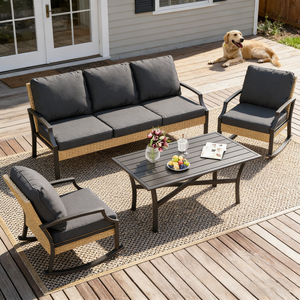 YODOLLA Outdoor Patio Furniture Set, 4 Piece Rattan Conversation Bistro Set with Coffee Tablebest