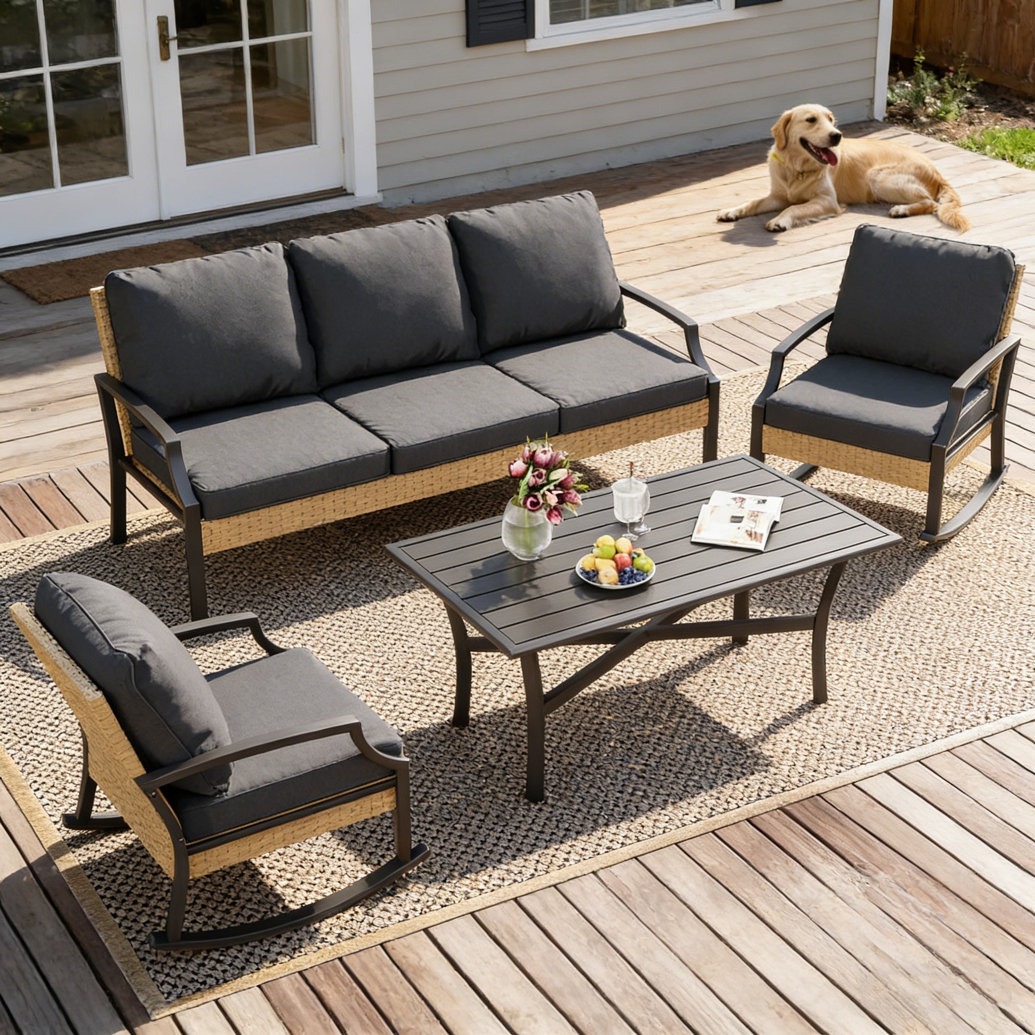 YODOLLA Outdoor Patio Furniture Set, 4 Piece Rattan Conversation Bistro Set with Coffee Tablebest