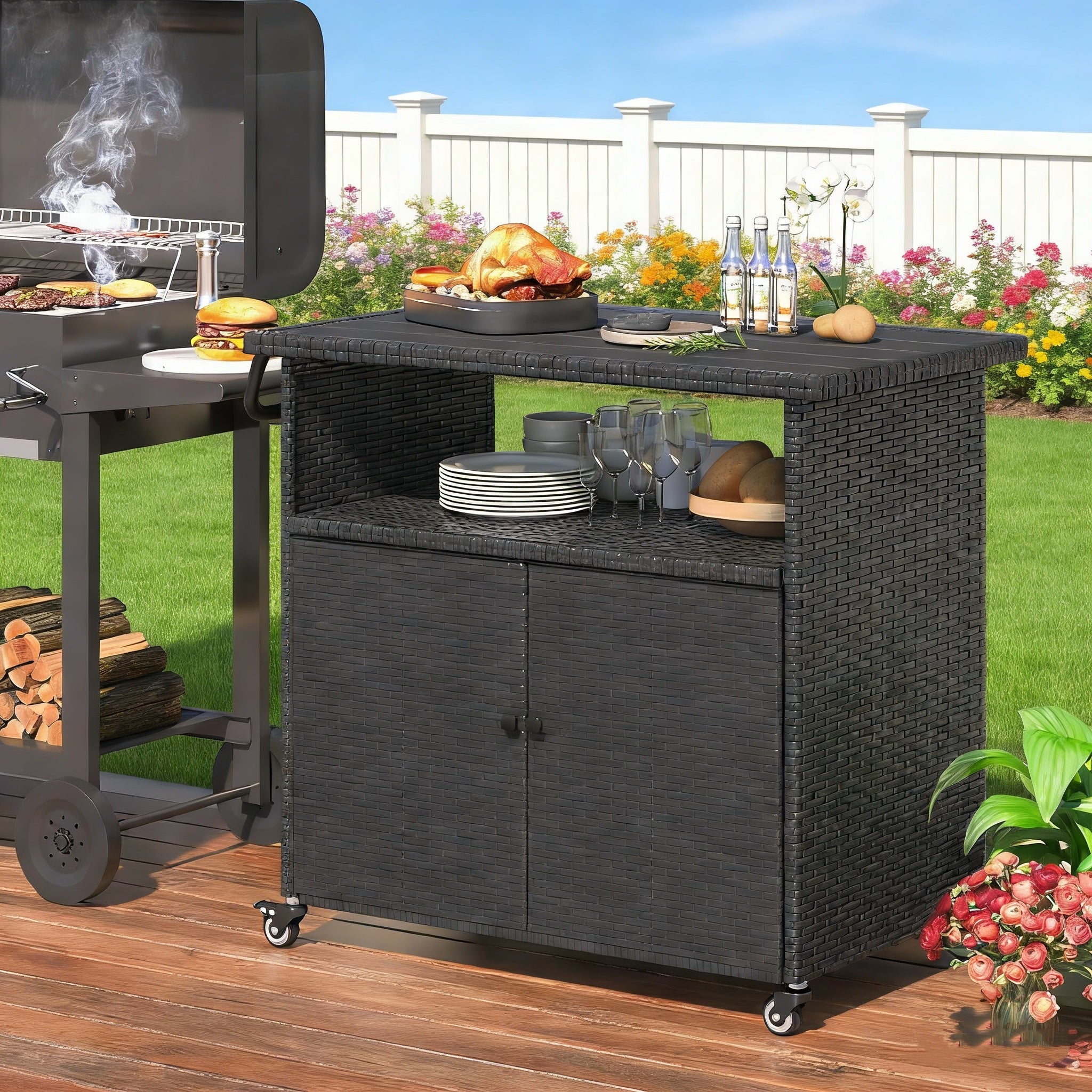 YODOLLA Outdoor Bar Cart, Patio Storage Grill Cart with Handles,Blackbest