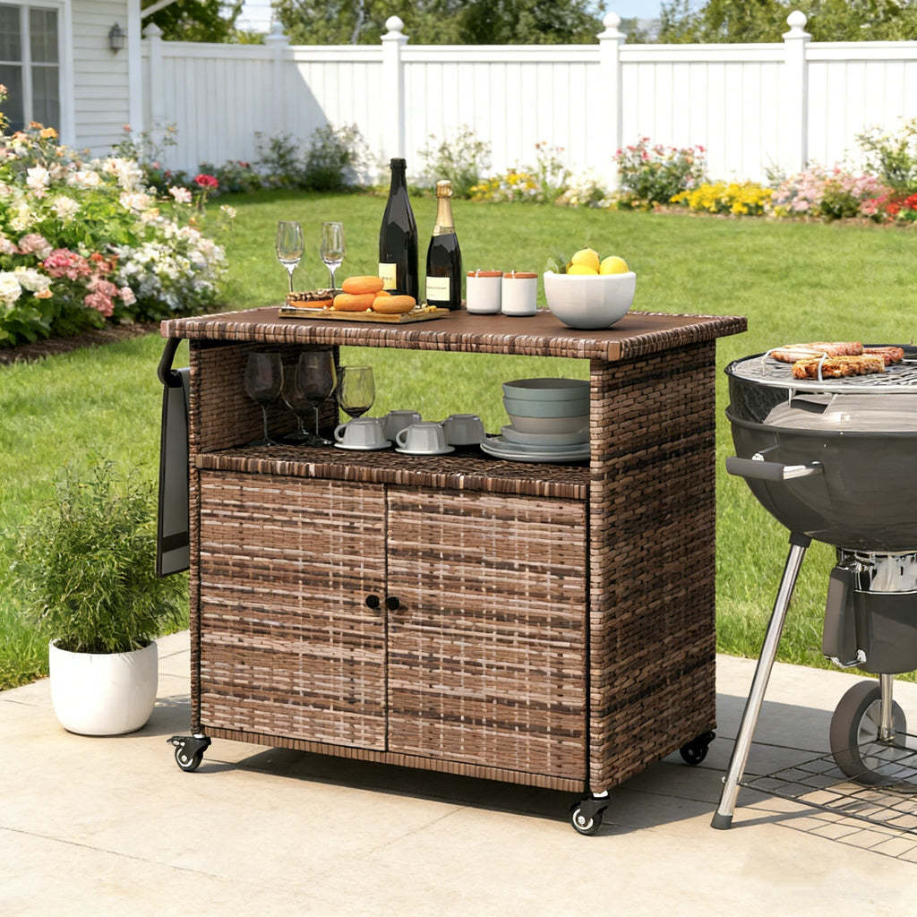YODOLLA Outdoor Bar Cart, Patio Storage Grill Cart with Handles,Brownbest