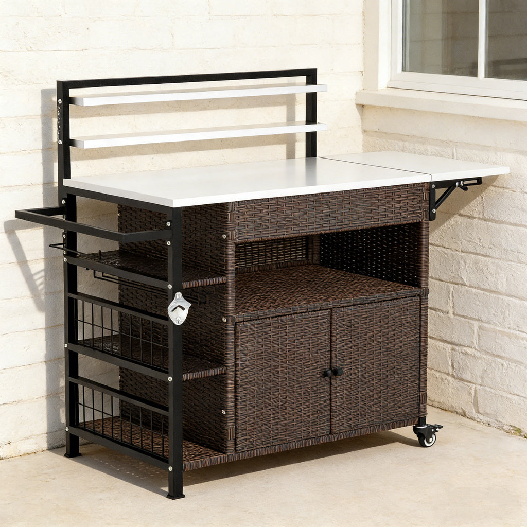 YODOLLA Outdoor Bar Cart with Rattan Storage Cabinet, Brownbest
