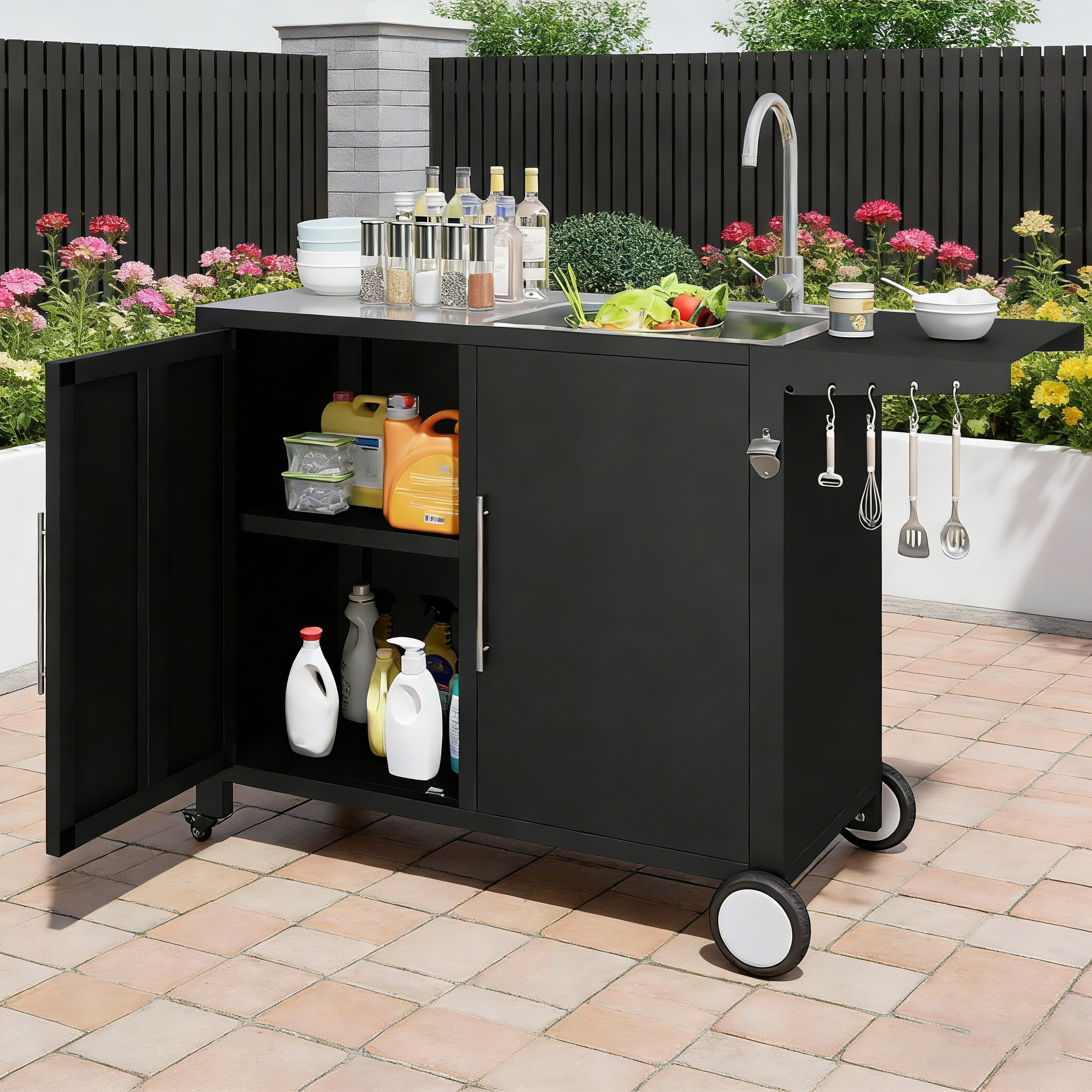 YODOLLA Grill Table with Sink, Stainless Steel Kitchen Island Cabinets Sink Station