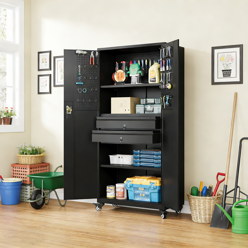 YODOLLA 71" Metal Garage Storage Cabinet with Drawers and Wheelbest