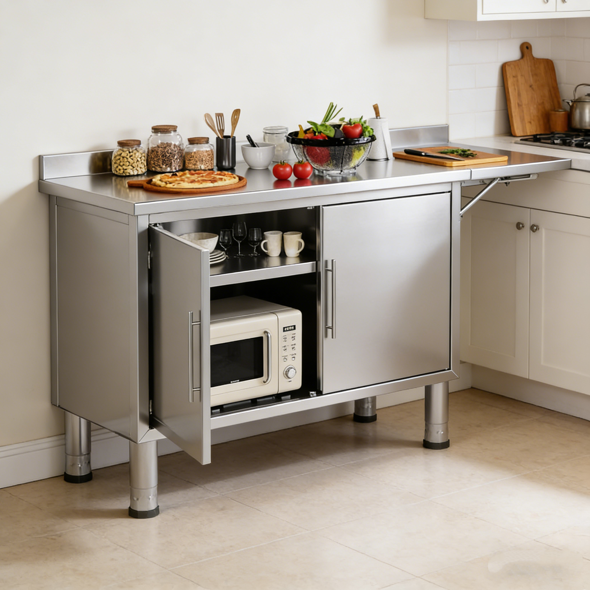 YODOLLA 57"x19.7" Stainless Steel Work Table Kitchen Cabinets with Extend Panel & Adjustable Shelf