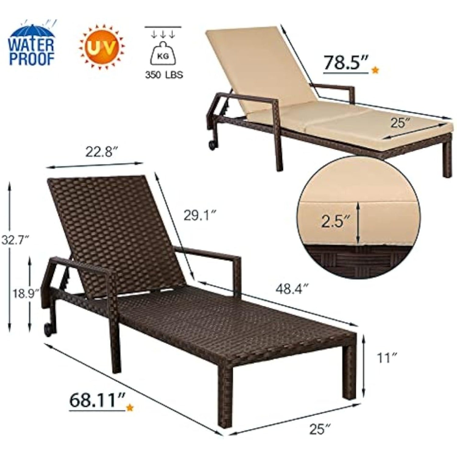 YODOLLA Outdoor Lounge Chairs, Brown Rattan with Beige Cushion