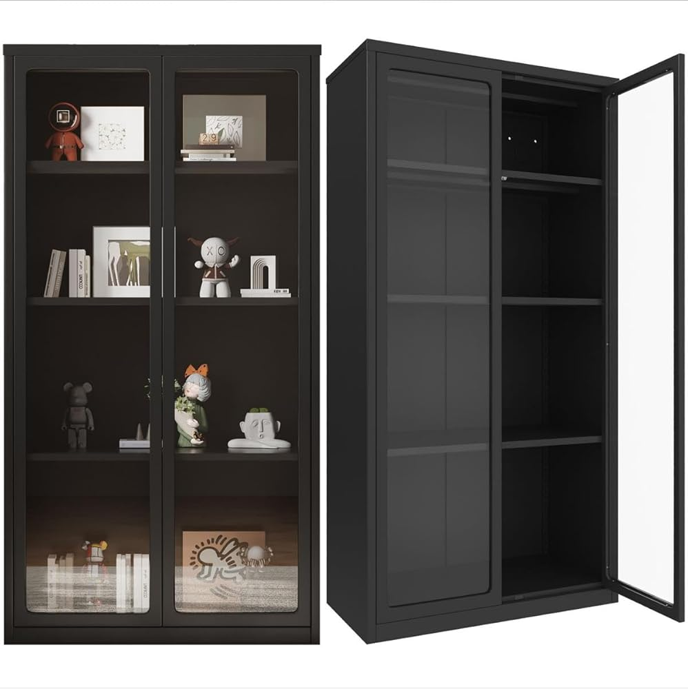 YODOLLA Display Cabinet with Acrylic Glass Doors and 3 Adjustable Shelves