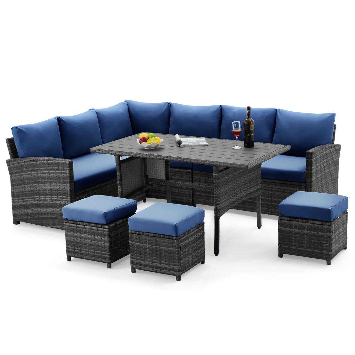 YODOLLA 7-Pc Patio Set, Grey Rattan & Blue Cushion
