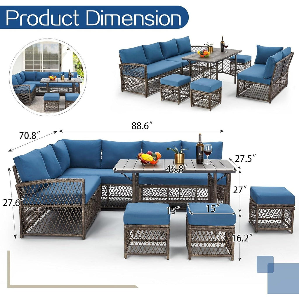 YODOLLA 7 Pieces Wicker Conversation Set with Ottoman Patio Furniture Set, Blue
