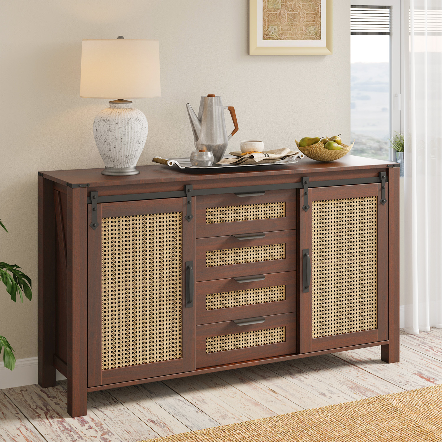 YODOLLA Farmhouse Sideboard Buffet Cabinet with Storage, Rattan Kitchen Cabinet w/Sliding Barn Doors & 4 Drawers