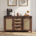YODOLLA Farmhouse Sideboard Buffet Cabinet with Storage, Rattan Kitchen Cabinet w/Sliding Barn Doors & 4 Drawers