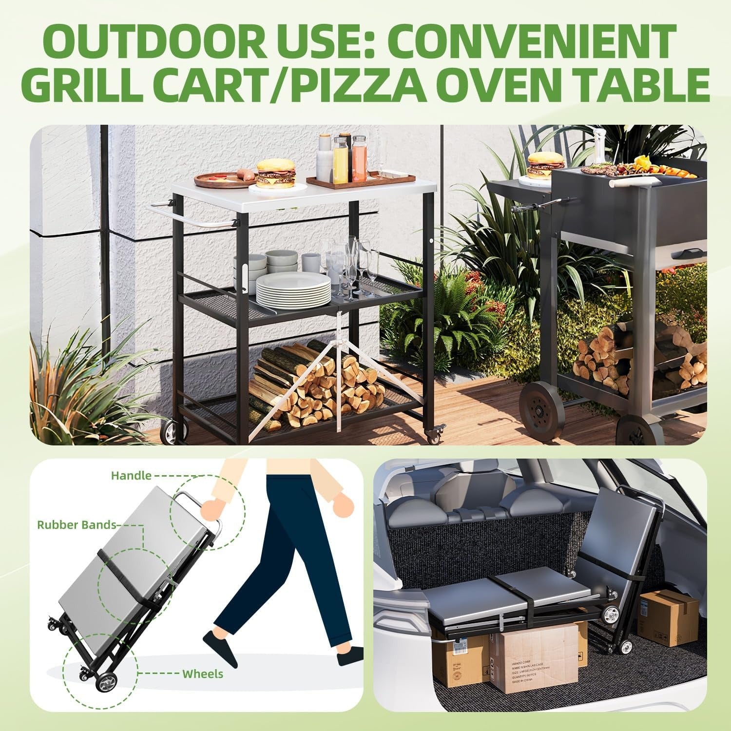 YODOLLA Foldable Stainless Steel Grill Cart Table with Wheels, Silver