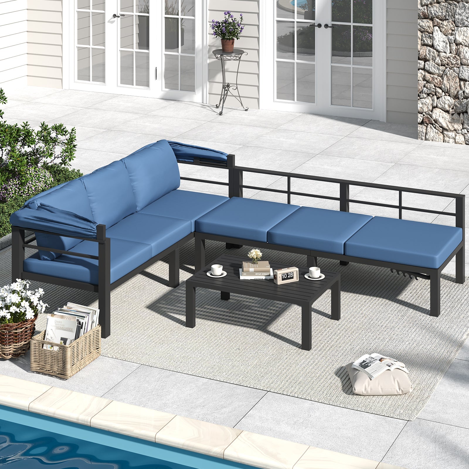 YODOLLA Patio Furniture Set with Retractable Canopy, Dark Bluebest