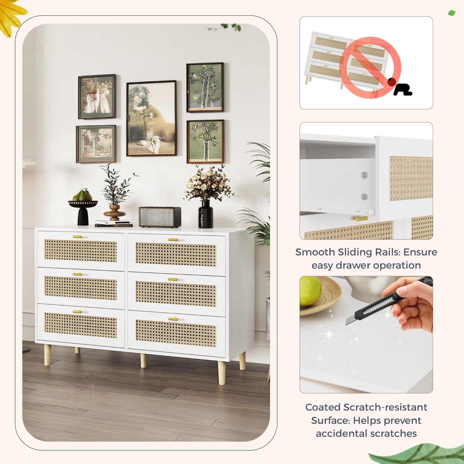 YODOLLA Wicker Dresser 6 Drawer Rattan Dresser, Whitebest