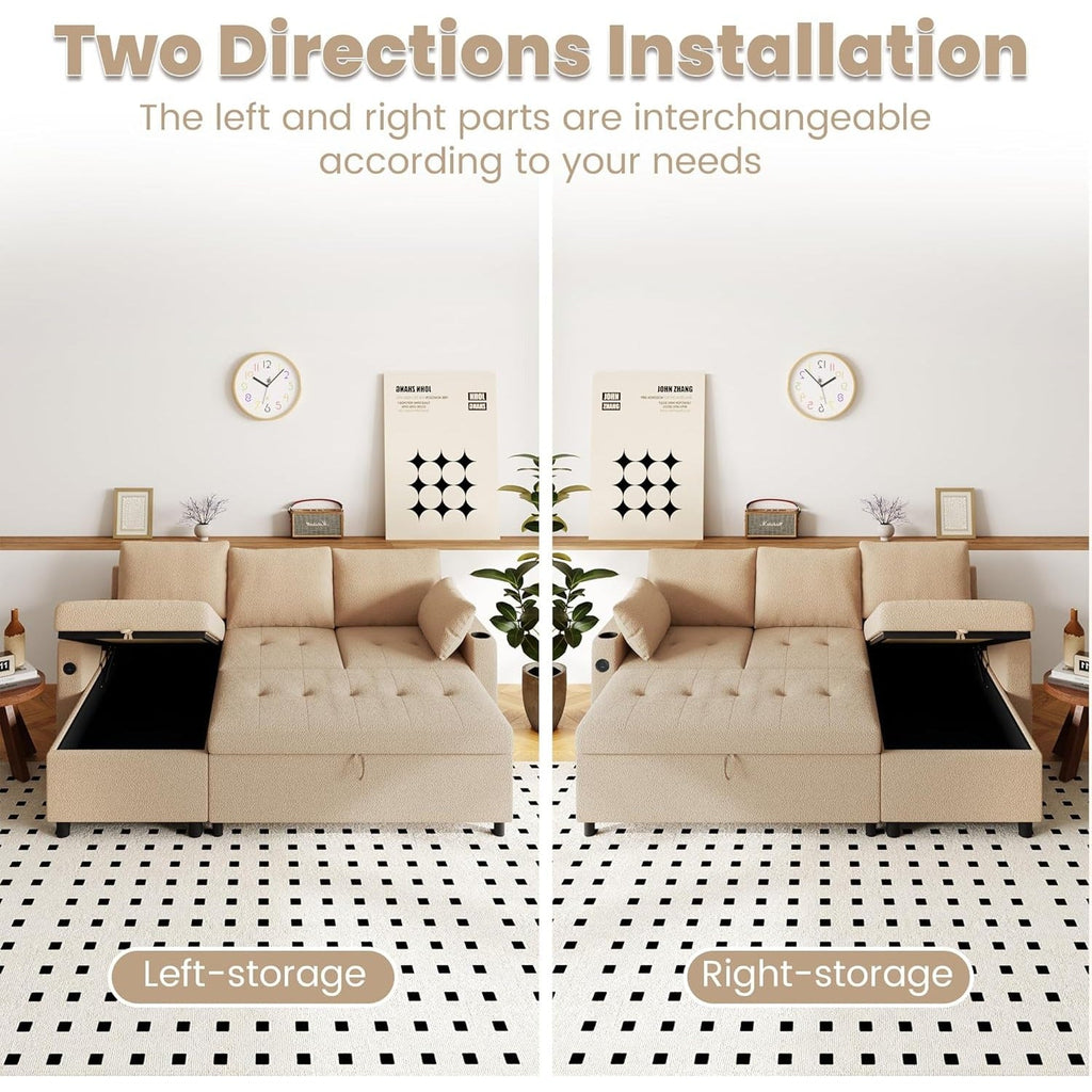 YODOLLA Teddy Velvet L-Shaped Sleeper Sofa, Pullout Bed, USB & Storage, Brownbest