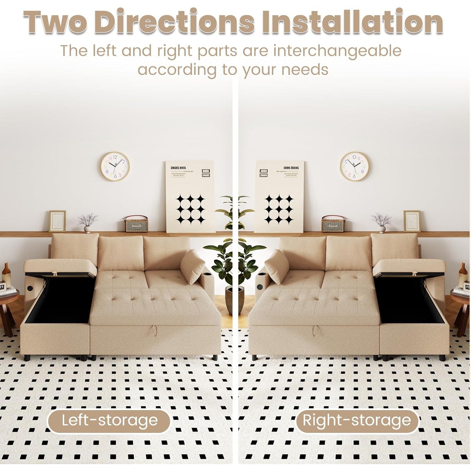 YODOLLA Teddy Velvet L-Shaped Sleeper Sofa, Pullout Bed, USB & Storage, Brownbest