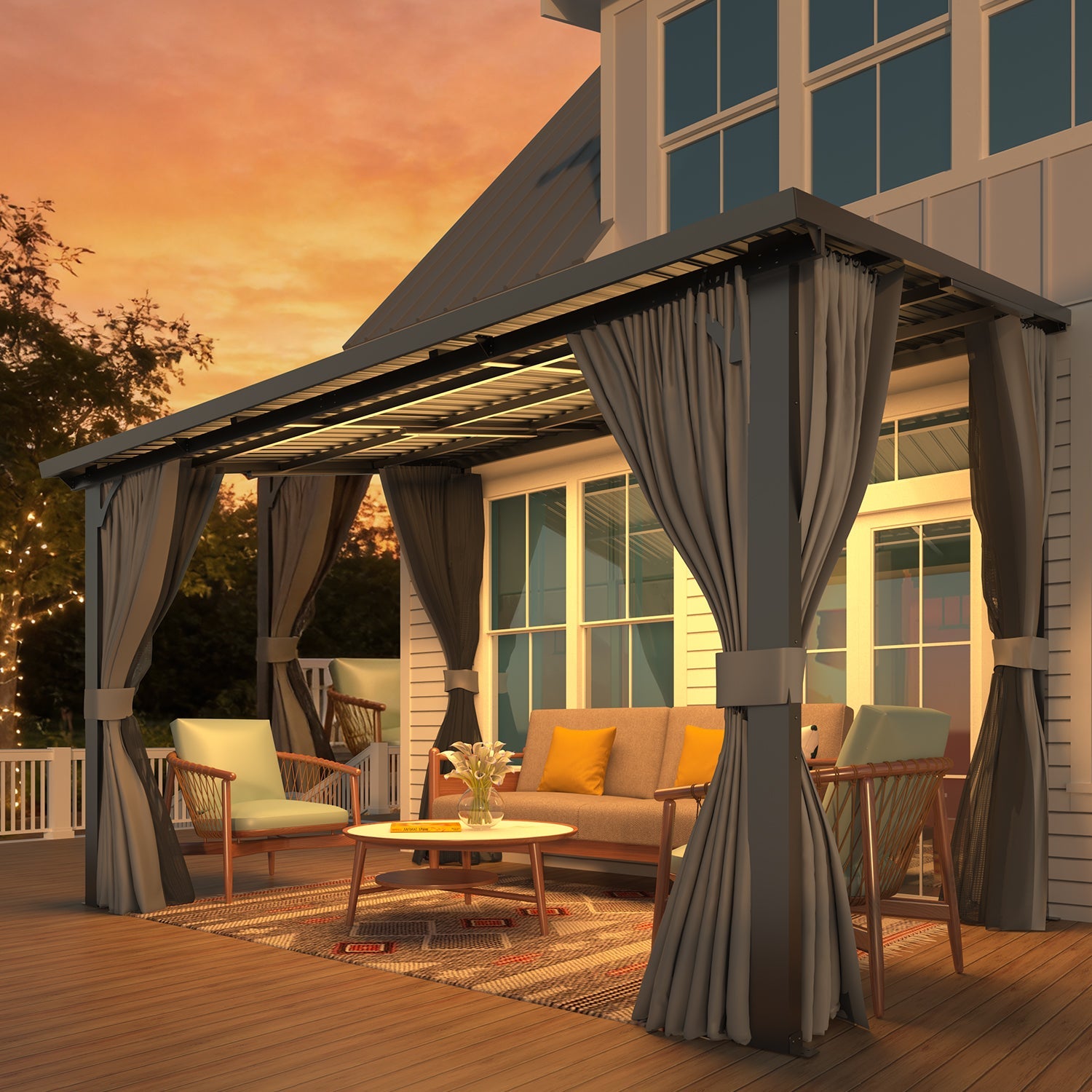 YODOLLA 12'x8' Outdoor Hardtop Gazebo Pergola with Curtains and Netting for Patio