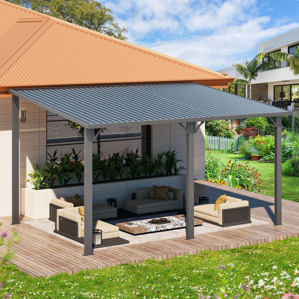 YODOLLA 14' x 10' Hard Top Lean to Gazebo Outdoor Pergola, Dark Grey