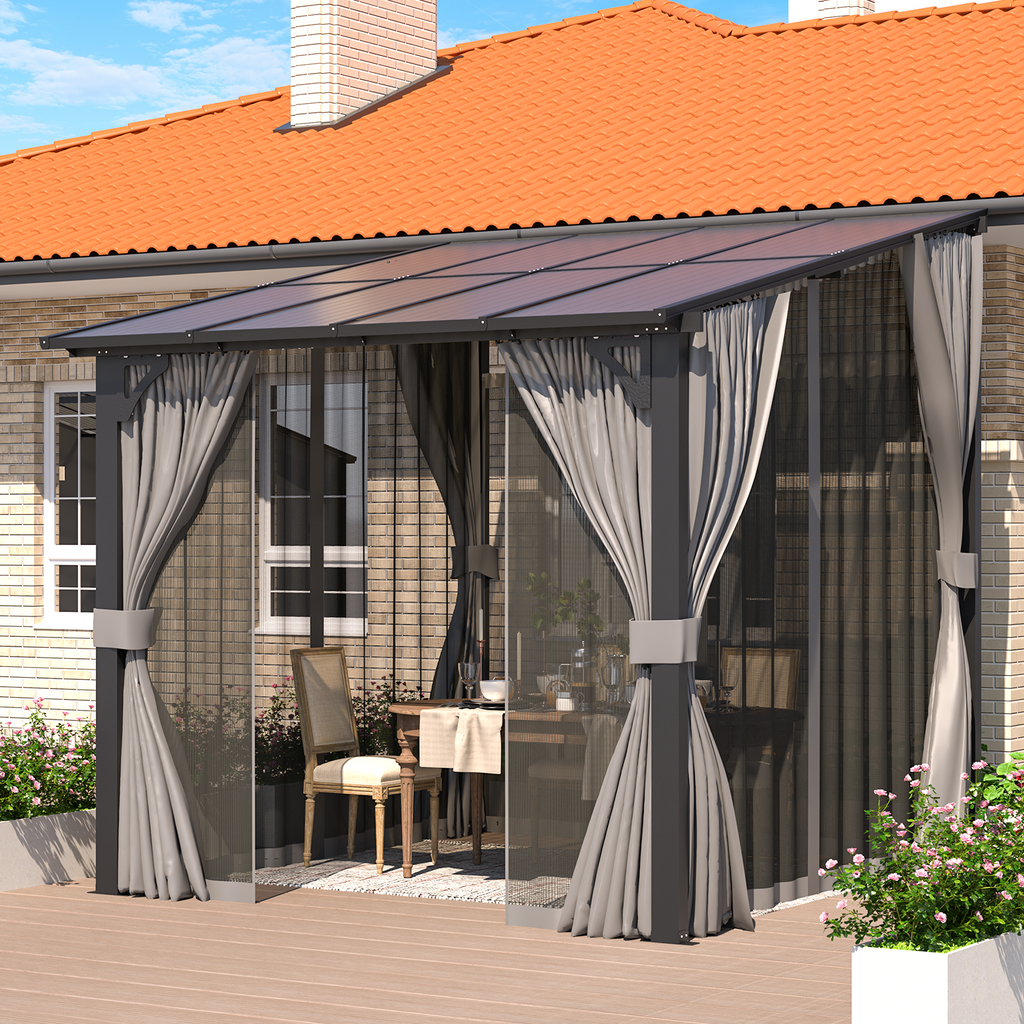 YODOLLA 8' X 8' Wall-Mounted Lean to Pergola Gazebo with Curtains and Netting