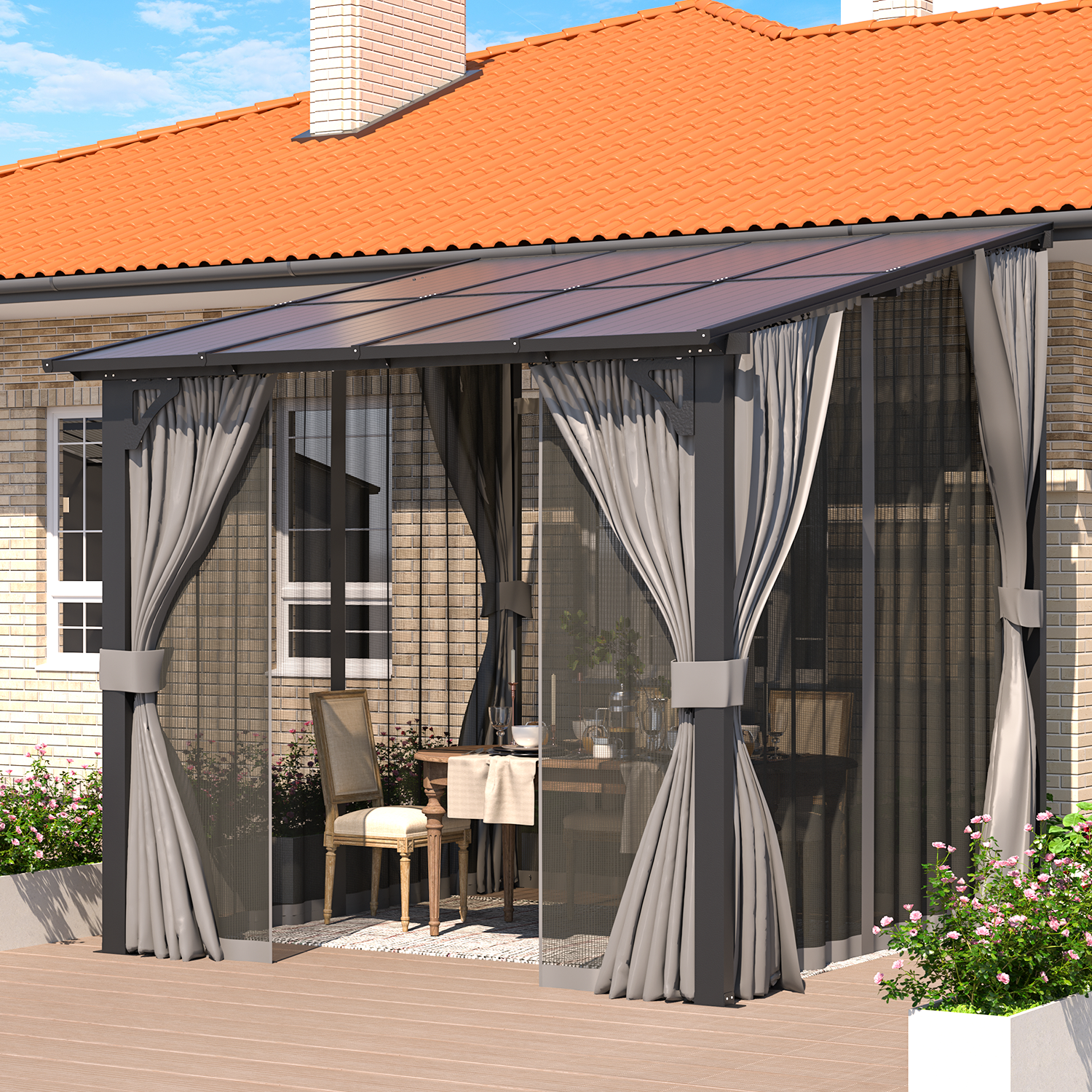 YODOLLA 8' X 8' Wall-Mounted Lean to Pergola Gazebo with Curtains and Netting