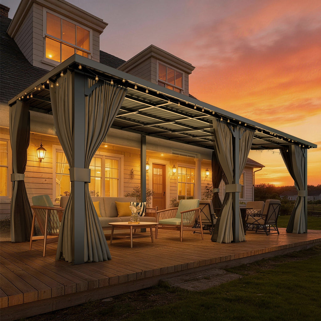 YODOLLA 20'x8' Outdoor Hardtop Metal Gazebo with Curtains and Netting for Patio