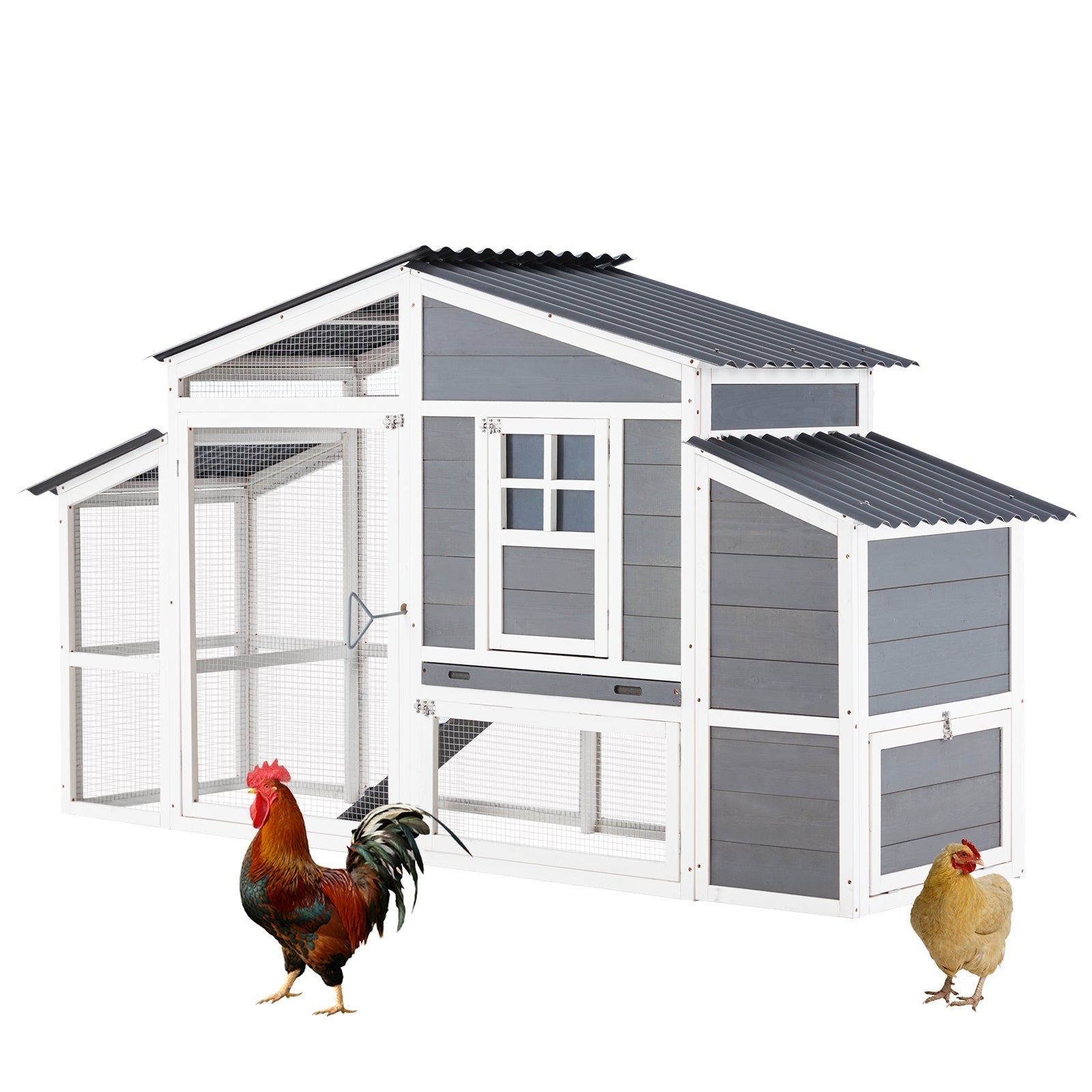 YODOLLA 81” Large Chicken Coop Wooden Hen House Poultry Cage, Grey & White