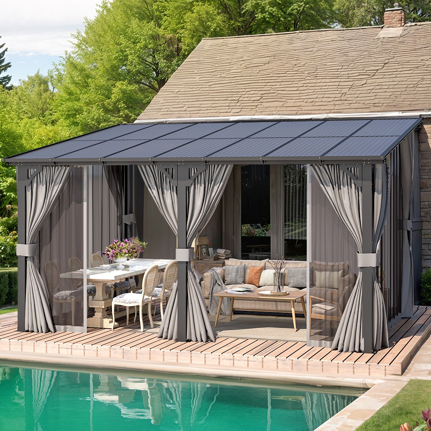 YODOLLA 14’ x 10’ Wall-Mounted Lean to Pergola Gazebo with Curtains and Netting