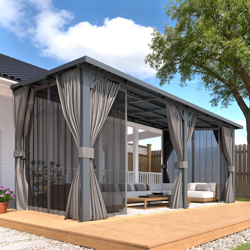 YODOLLA 16'x8' Outdoor Hardtop Metal Gazebo with Curtain and Netting